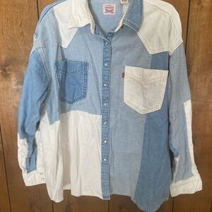 Levi's Patchwork Button-Down Shirt in Light Blue & White